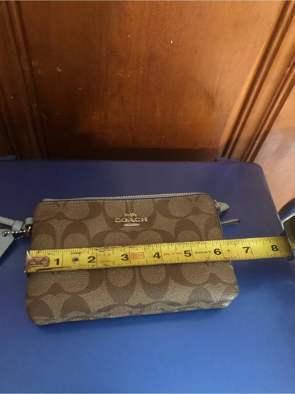 Coach Tan Signature Double Zip Wristlet with Chalk Trim